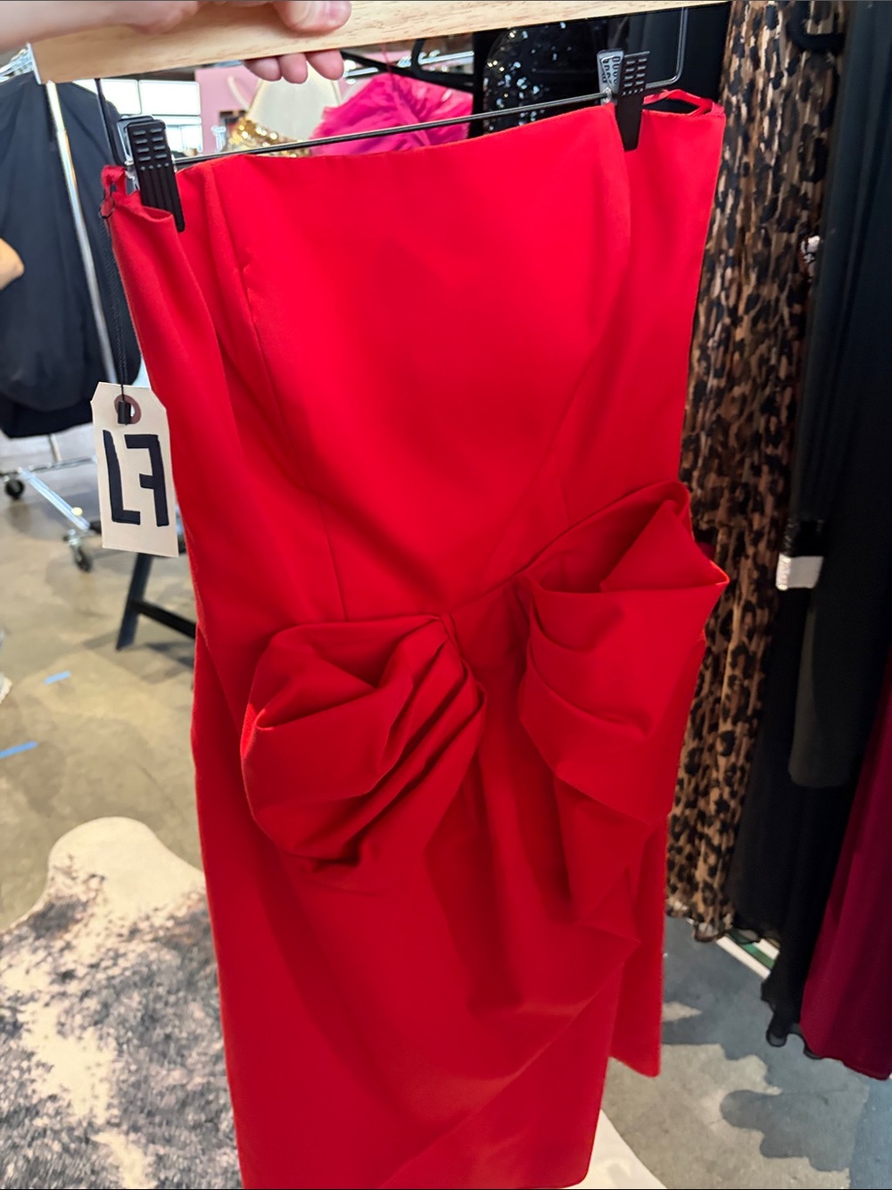 Red Strapless Bow Detail Pencil Skirt